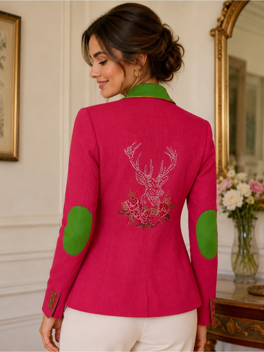 Women's Hot Pink Embellished Blazer with Green Accents